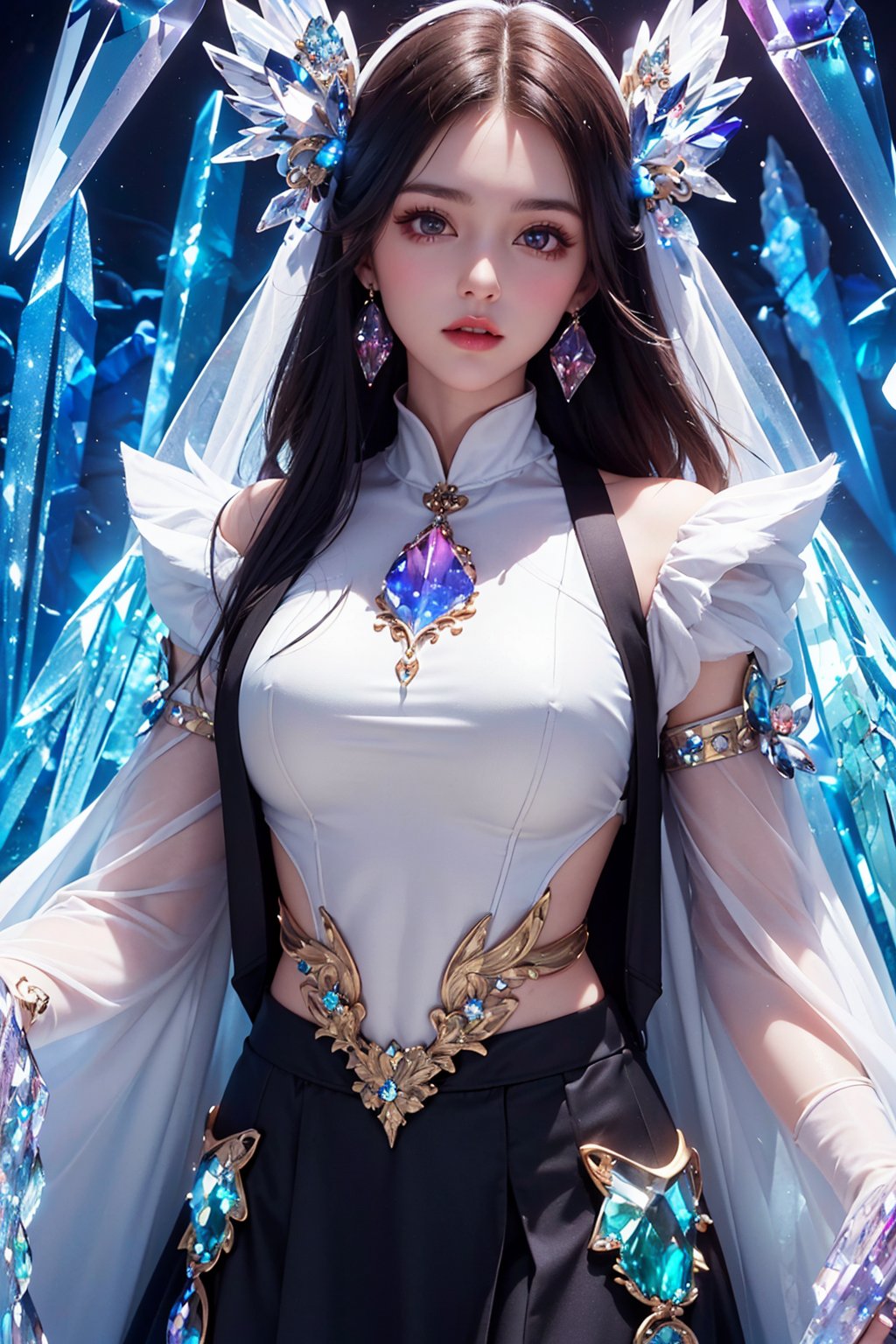 (best quality:1.4),(masterpiece:1.4),(ultra high res, raw photo:1.4),(hdr, hyperdetailed:1.2),fashion photo of a beautiful girl in the style of neomorphism,the transformation of minerals into polymorphs,(glowing crystals:1.4),(crystals clothes:1.8),hyperdetailed photorealism,detailed glow,ambient occlusion,ambient light,upper body,(long sleeves:1.2),(long skirt:1.2),