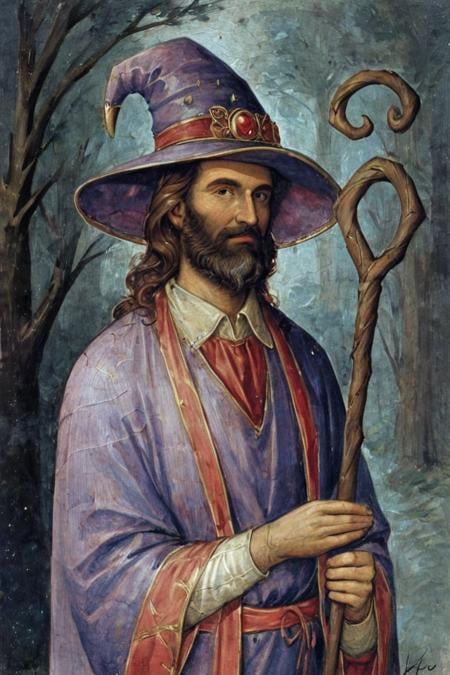 score_9, score_8_up, score_7_up, rating_safe, traditional media, realistic, 1boy, solo, male focus, mature male, wizard, long hair, brown hair, black eyes, looking at viewer, hat, facial hair, beard, mustache, staff, wizard hat, purple hat, shirt, collared shirt, robe, purple robe, cloak, holding, holding staff, upper body, standing, outdoors, forest, nature, tree, fog, dark background <lora:Gothic Art  Style SDXL_LoRA_Pony Diffusion V6 XL:0.8>