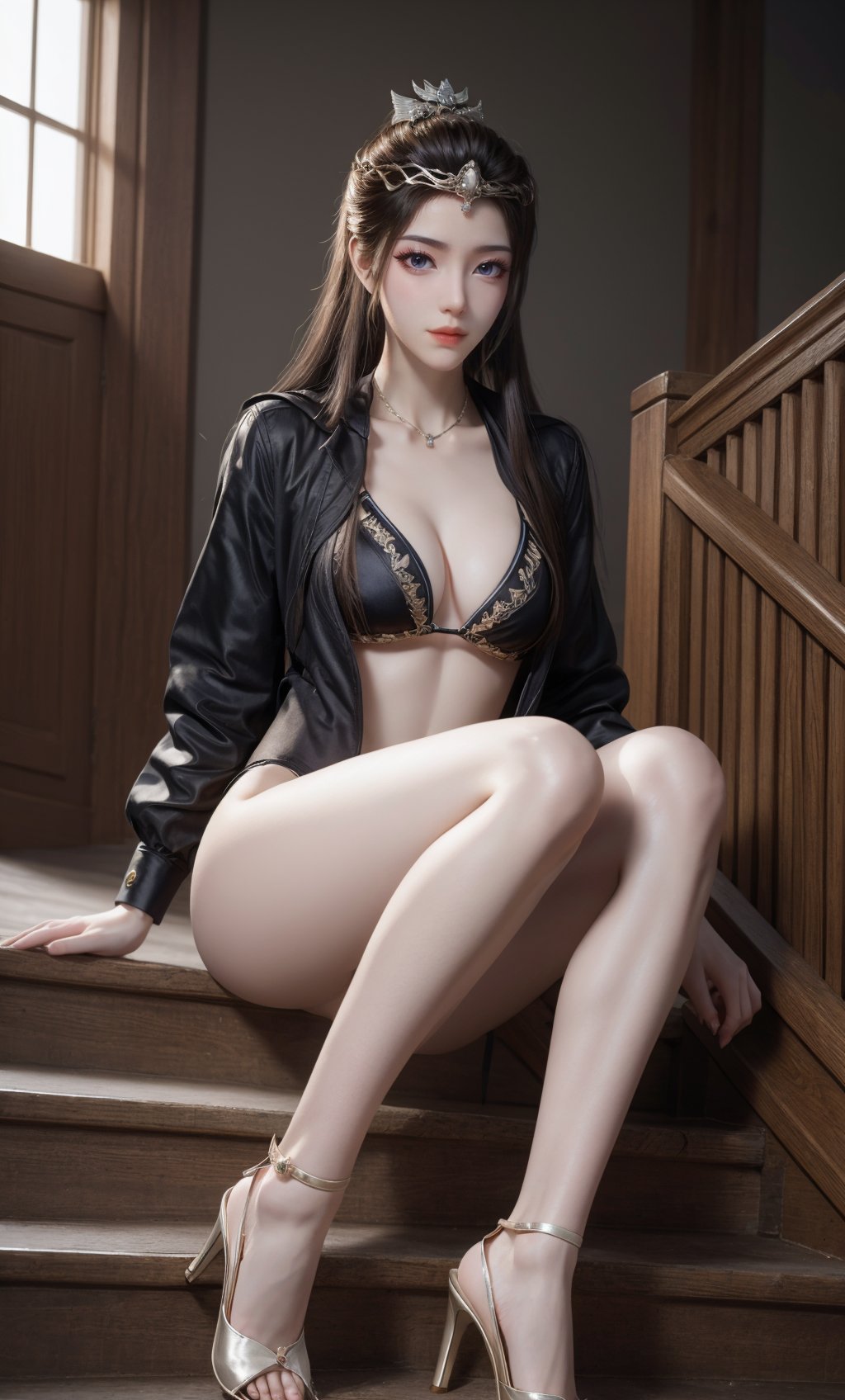 ,,masterpiece,(best quality),official art,extremely detailed cg 8k wallpaper,(extremely delicate and beautiful),solo,realistic,photo_\(medium\),sitting_on_stairs,full body,ankle strap heels,(High-cut bikini panties with a satin front panel.),1girl,solo,ponytail,tiara,crown,hair ornament,l,hair bun,hair ornament,hair stick,jewelry,long hair,<lora:yuanyao-10:0.65>,