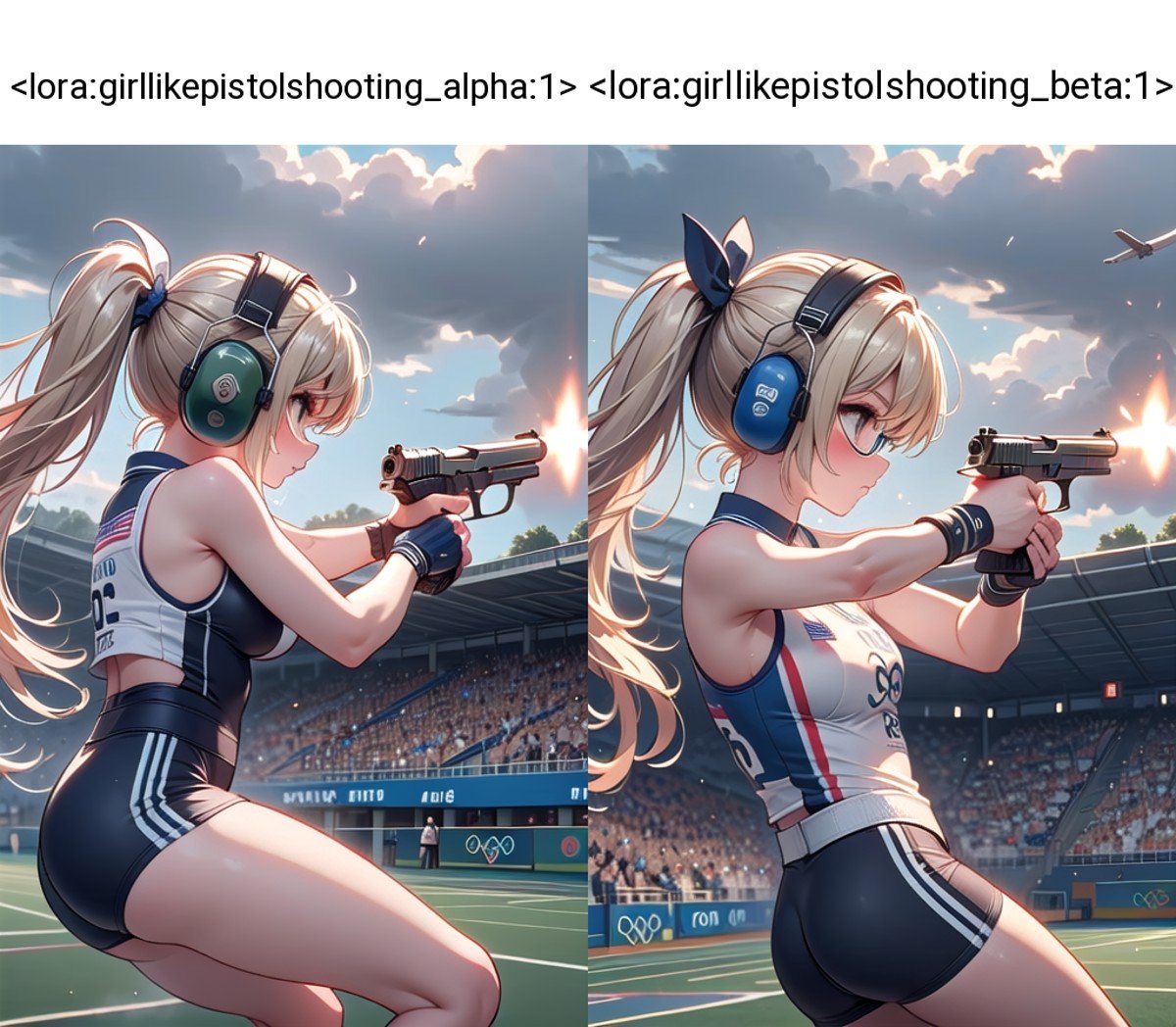 (((masterpiece))), (((best quality))), ((pistol shooting)), (one hand holding air handgun), muzzle flash, aiming at viewer, firing, player uniform, sleeveless, sports shorts, ear defenders, fingerless gloves, open-air range, olympic games venue, sky, wind, steam, sweat, shadow, 1girl, dark lenses, ribbon, blonde, twintails, big tits, from side, lunge,<lora:girllikepistolshooting_alpha:1>