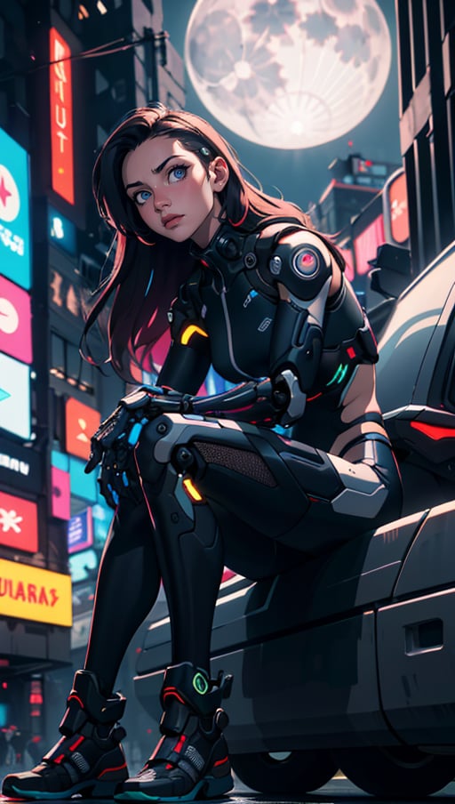 (best quality, masterpiece, colorful, dynamic angle, highest detailed)upper body photo, full body photo, fashion photography of cute 1girl, mechanical arms, cyborg, dark mood, dystopia, glowing, looking at viewer, sitting, long hair, bokeh (intricate details, hyperdetailed:1.15), detailed, moonlight passing through hair, (official cyberpunk art, extreme detailed, highest detailed), HDR+