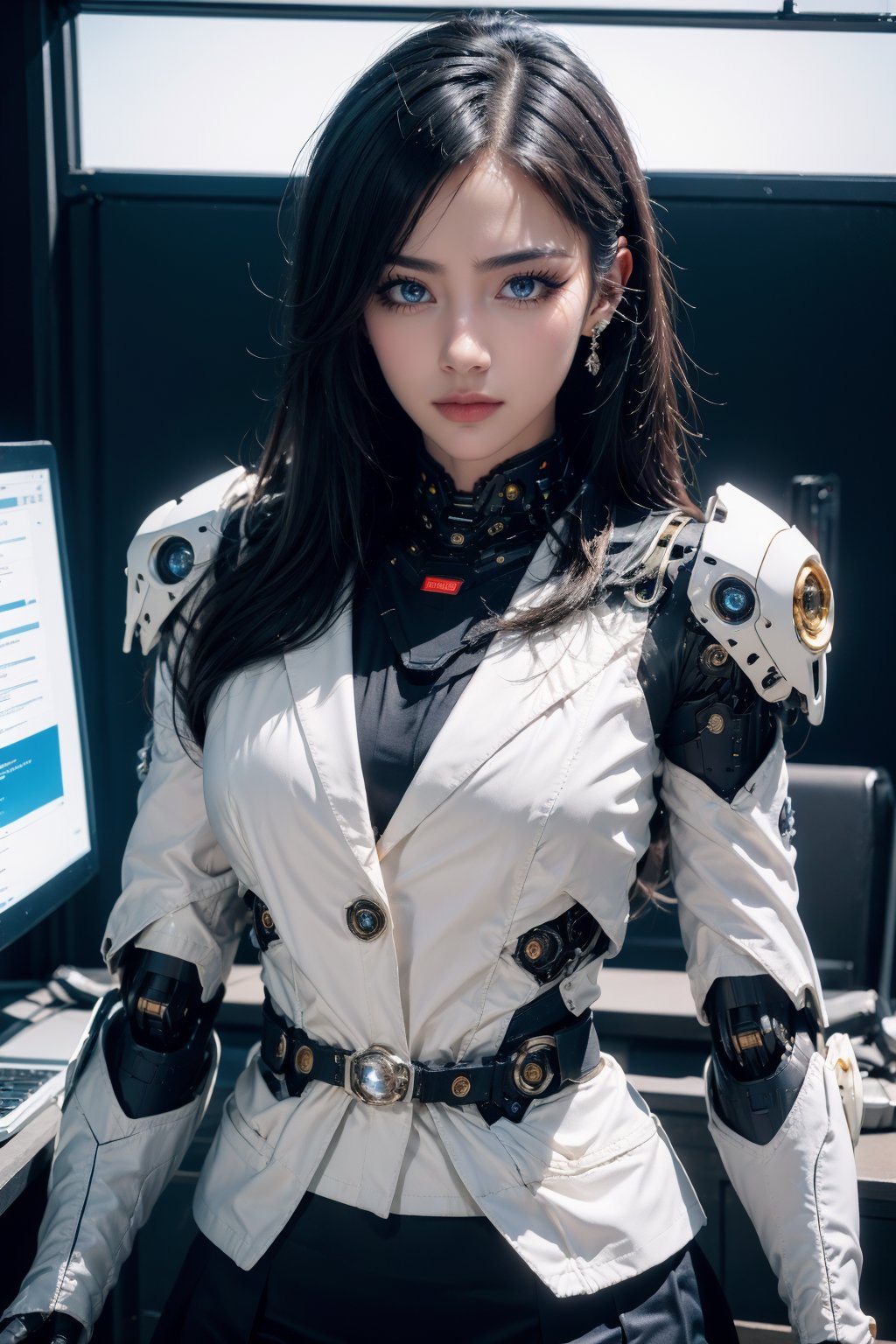 <lora:AgainRealistic_v2.0:0.8>,(beautiful detailed eyes:1.2),(Extremely detailed 8K eyelashes:1.2),(sharp nose:1.2),AgainRealistic_v2.0, solo, 1girl, realistic, mechanical arms, indoors, long hair, breasts, looking at viewer, jacket, single mechanical arm, prosthesis, black hair, skirt, earrings, jewelry, belt, closed mouth, prosthetic arm, cyborg, science fiction, blue eyes, white jacket, computer, lips, window, formal, standing, cyberpunk, laptop