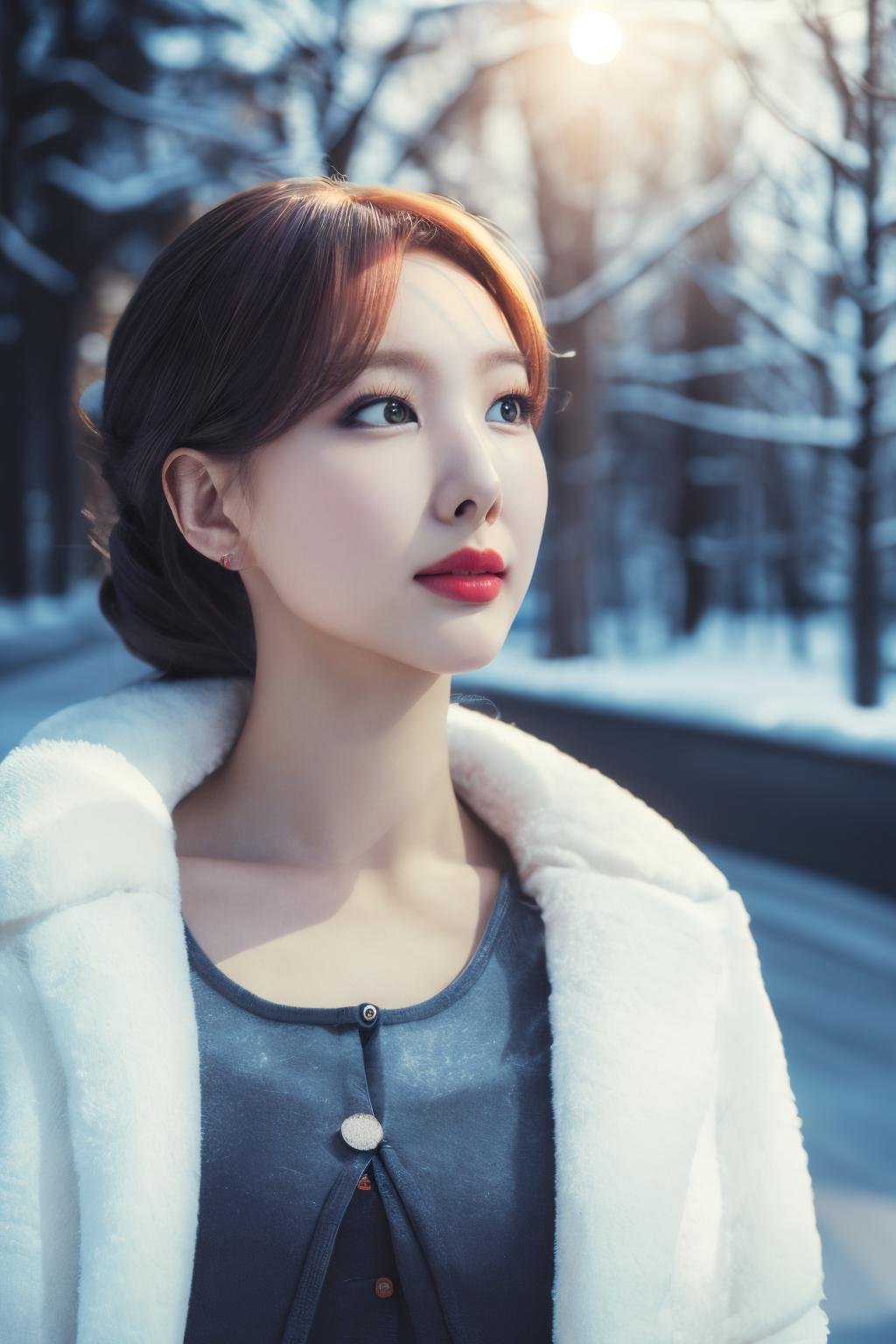 <lora:Nayeon_BRA:1>, a picture of Nayeon, winter clothes, winter coat, snow, outdoors, face crop, looking at viewer, (detailed lighting, extremely detailed skin, extremely detailed hair, shadows, 8k), masterpiece, top quality, best quality, highres, ultra-high res, ultra-detailed
