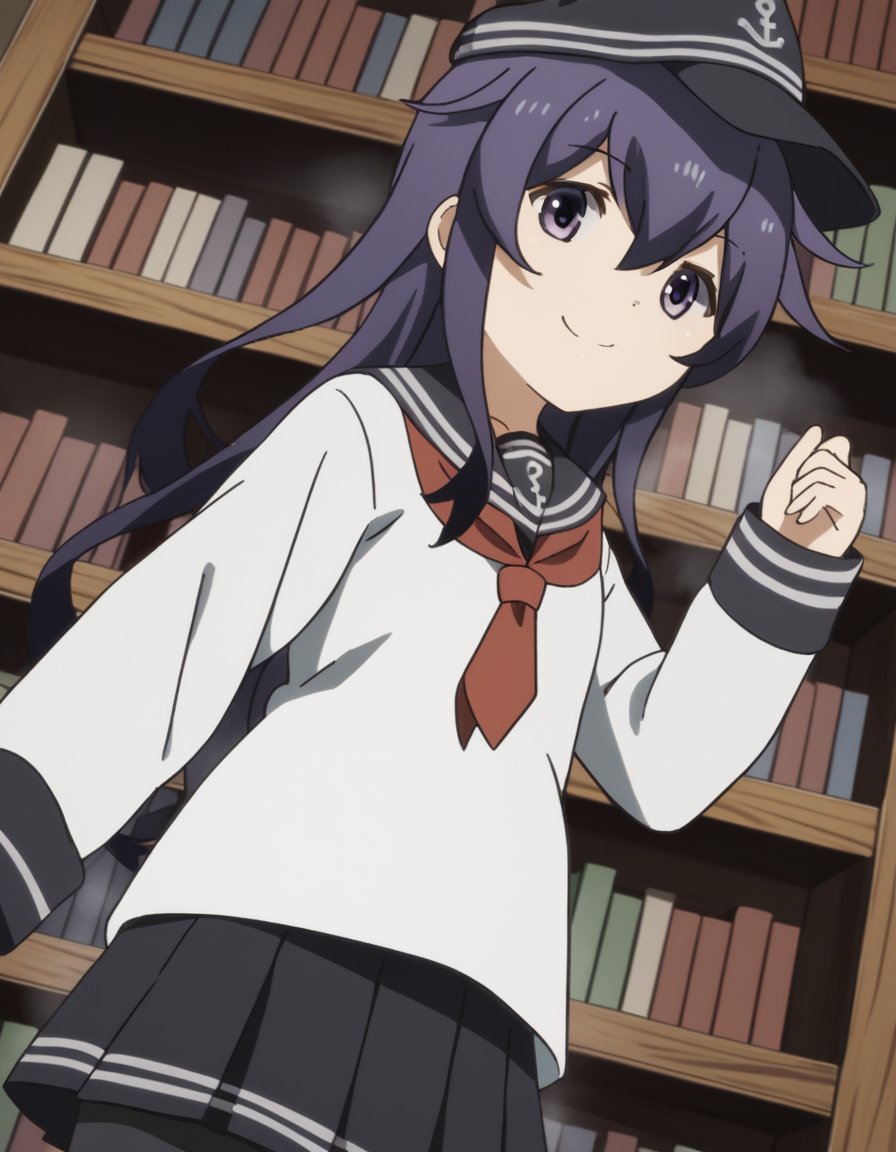 score_9, score_8_up, score_7_up, source_anime, <lora:kancolle-akatsuki-s1-ponyxl-lora-nochekaiser:1>, akatsuki, long hair, hair between eyes, purple eyes, purple hair, akatsuki (kancolle), skirt, shirt, long sleeves, hat, school uniform, pantyhose, pleated skirt, serafuku, black skirt, sailor collar, neckerchief, black pantyhose, red neckerchief, anchor symbol, flat cap,, bookstore, browsing shelves, new book smell, finding a favorite, quiet atmosphere, smile, , smile, from below, solo,, cowboy shot, dutch angle