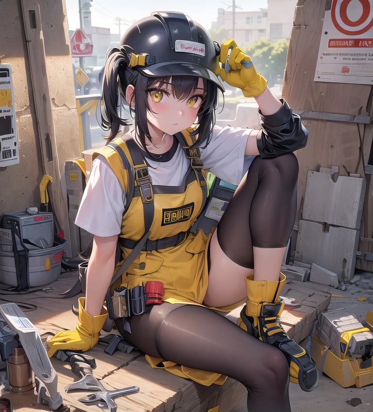 masterpiece, best quality, 1girl, repairing, tools, construction worker, warning sign, sitting, helmet, yellow eyes, black hair, gloves,