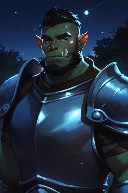 score_9, score_8_up, score_7_up, solo, male focus, mature male, orc, green skin, tusks, beard, outdoors, armor, looking at viewer, shoulder armor, breastplate, upper body, closed mouth, pauldrons, night, night sky, standing  <lora:Smooth Anime Night Style SDXL_LoRA_Pony Diffusion V6 XL:1>