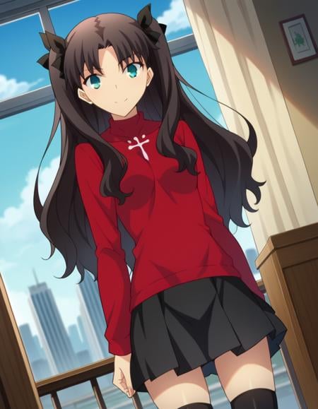 score_9, score_8_up, score_7_up, source_anime,rintohsaka, <lora:rin-tohsaka-ubw-ponyxl-lora-nochekaiser:1>,rin tohsaka, aqua eyes, black hair, hair ribbon, long hair, ribbon, sidelocks, two side up, parted bangs,black skirt, black thighhighs, long sleeves, miniskirt, pleated skirt, red sweater, skirt, sweater, thighhighs, turtleneck,indoors, cityscape, smile,looking at viewer, dutch angle, cowboy shot,