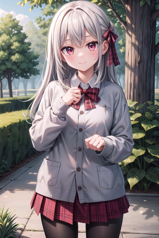 insanely detailed, absurdres, ultra-highres, ultra-detailed, best quality,1girl, solo, nice hands, perfect handsBREAK(School Uniforms:1.2), (pink cardigan is fit body:1.4), ((do up a buttons, not loose):1.5), ((long sleeve, sleeves past wrists):1.2), (inner wear is white collared-shirt:1.3), (red plaid-pattern bow:1.3), (red plaid-pattern pleated skirt:1.3), ((dark-brown pantyhose, loafers):1.2), (cleavage:-1.5)BREAKhappy smile, laugh, closed mouthBREAK(45 angle:-1.5), (from side:-1.5),standing, cowboy shot, looking at viewerBREAKslender, kawaii, perfect symmetrical face, ultra cute girl, ultra cute face, ultra detailed eyes, ultra detailed hair, ultra cute, ultra beautifulBREAKin forest, depth of field, ultra detailed backgroundBREAKmedium large breastsBREAK(grey hair, red eyes), spiked hair,