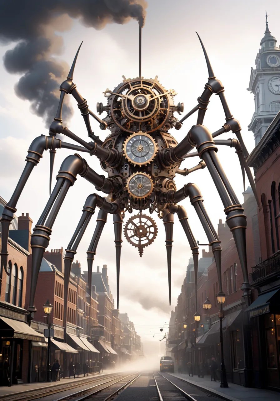 highres,best quality,Illustration of a towering metal spider with intricate gears and cogs, adorned with brass and copper details, emitting steam from its joints, and mechanical legs gripping onto a Victorian-era cityscape, amidst billowing steam clouds and gears in motion