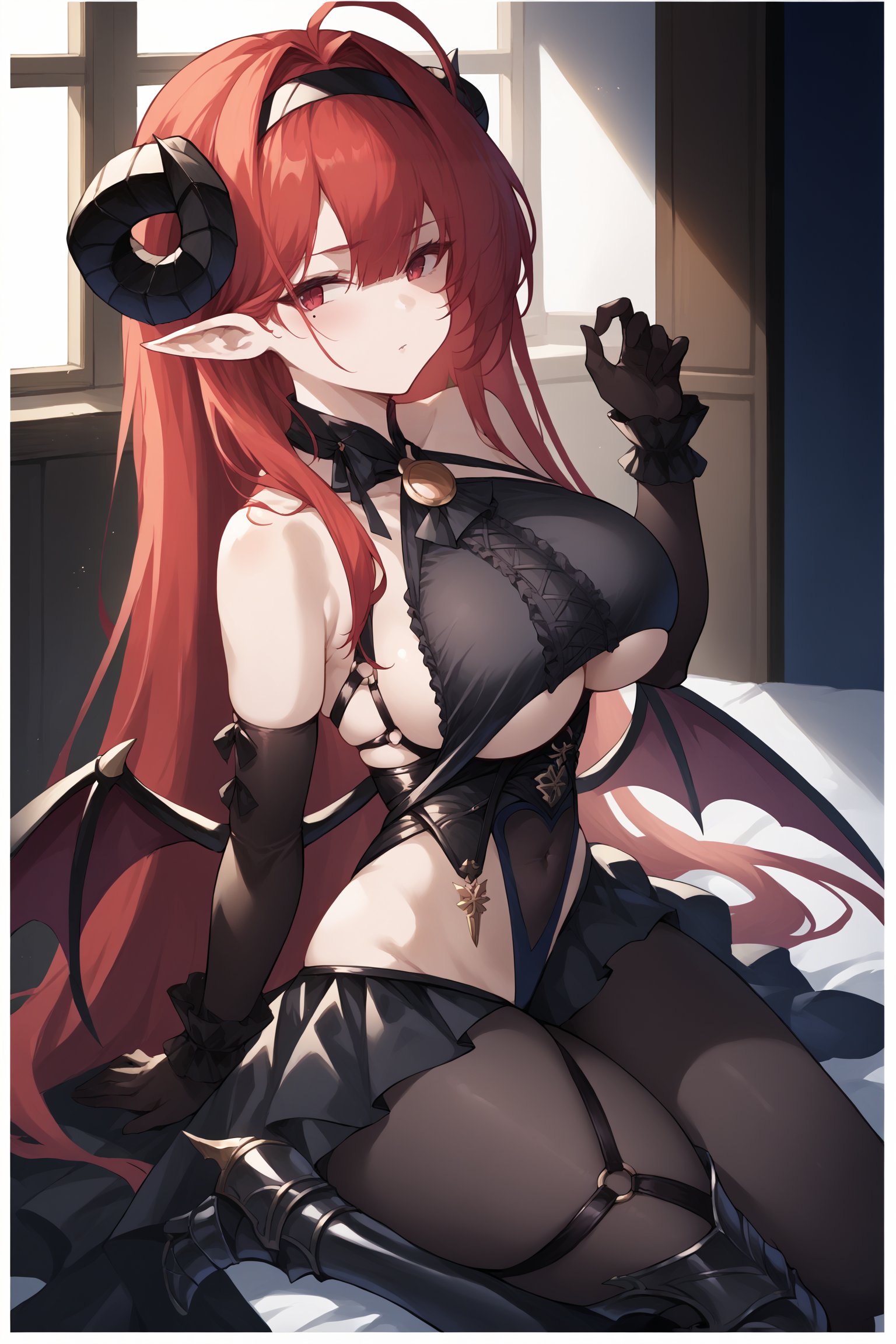 score_9, score_8_up, score_7_up, , rating_explicit,nsfw,1girl ,hinsd, ahoge, hair between eyes, absurdly long hair, mole under eye, o-ring, center cross lace, sideboob, demon horns, demon tail, low wings, pointy ears, black elbow gloves, hairband, frilled leotard, brooch, bodystocking, clothing cutout, underboob cutout, covered navel, thighhighs, miniskirt, thigh strap, armored boots, high heels, source_anime, <lora:HindenburgPDCAME AL:1>, <lora:GBFSplashArtXLPDv2:1>, gbsa, splash art, see-through, indoors, facing viewer, 