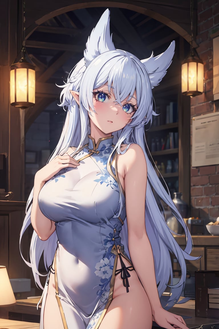 masterpiece, best quality, ultra-detailed, glistening shiny, glowing light, ray tracing, HDR, deph of field, (perfect face, detailed face),  <lora:Fenrys:0.7>, fenrys, long hair, blue eyes, hair flaps, pointy ears, large breasts, china dress, sleeveless, no panties