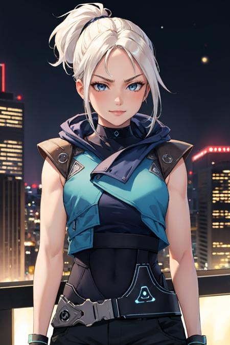 masterpiece, best quality, 1girl, <lora:valorantjett-nvwls-v1-000009:0.9> valorantJett, short ponytail, blue jacket, sleeveless, cropped jacket, black bodysuit, belt, black pants, black gloves, upper body, furrowed brow, smirk, looking at viewer, night sky, city, cowboy shot