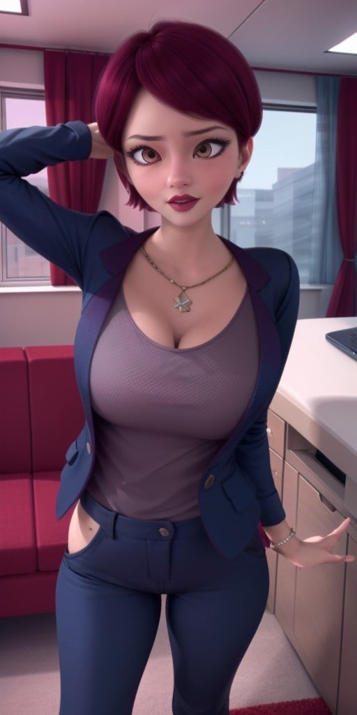 Hyperrealistic, photorealistic, super detailed, perfect face, (strict dark blue jacket), (strict dark blue trousers), short hair with a gradient of strong raspberry to moderate rose color, expressive moderate red eyes, raspberry colored lipstick, body like in real life, large pores, slender, medium height, pale skin, beautiful arms, beautiful legs, unreal engine, octane render, droped shadow, bokeh, cinematic lighting, <lora:add_detail:0.5>, <lora:Volumetric_lighting:0.6>, raspberry colored lipstick, moderate red eyes, short hair with a gradient of strong raspberry to moderate rose color, Chamack, Nadja, , <lora:a9a766c8-d663-4fd8-8723-45c5a2f45a0b:0.7>