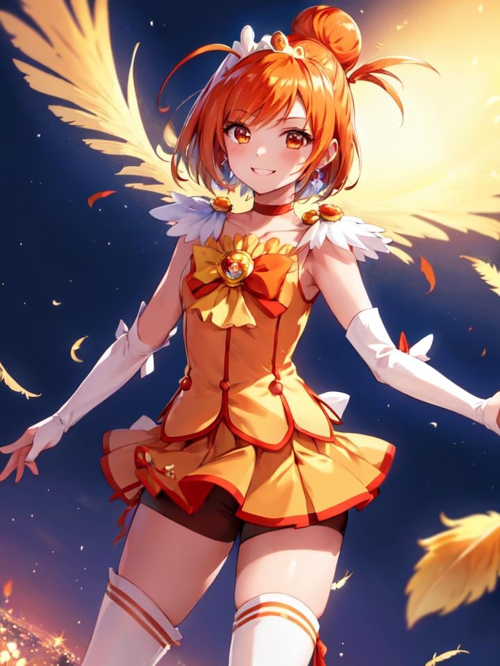 masterpiece, best quality, looking_at_viewer, depth_of_field, smile,1girl, <lora:locon_cure_sunny_1:0.9>, cure sunny, feather hair ornament, single hair bun, ahoge, tiara, white thigh boots, bare arms, ribbon, bowtie, orange short shorts, shorts under skirt, 