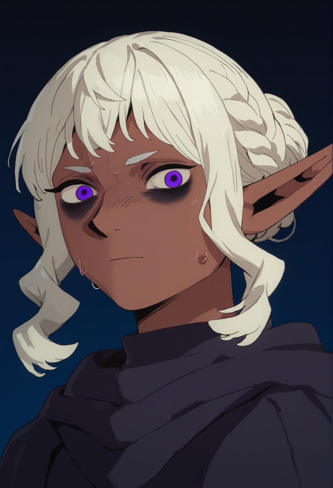 (score_9), score_8_up, score_7_up, score_6_up, zPDXL, thistle \(dungeon meshi\), white hair, pointy ears, dark skin, purple eyes, bangs, braid, black poncho, looking at viewer, expressionless, [bags under eyes:0.5], sweat, dark background, gradient background, <lora:Thistle_DM_XL_Pony:1> <lora:DMAnimeStyle:1>