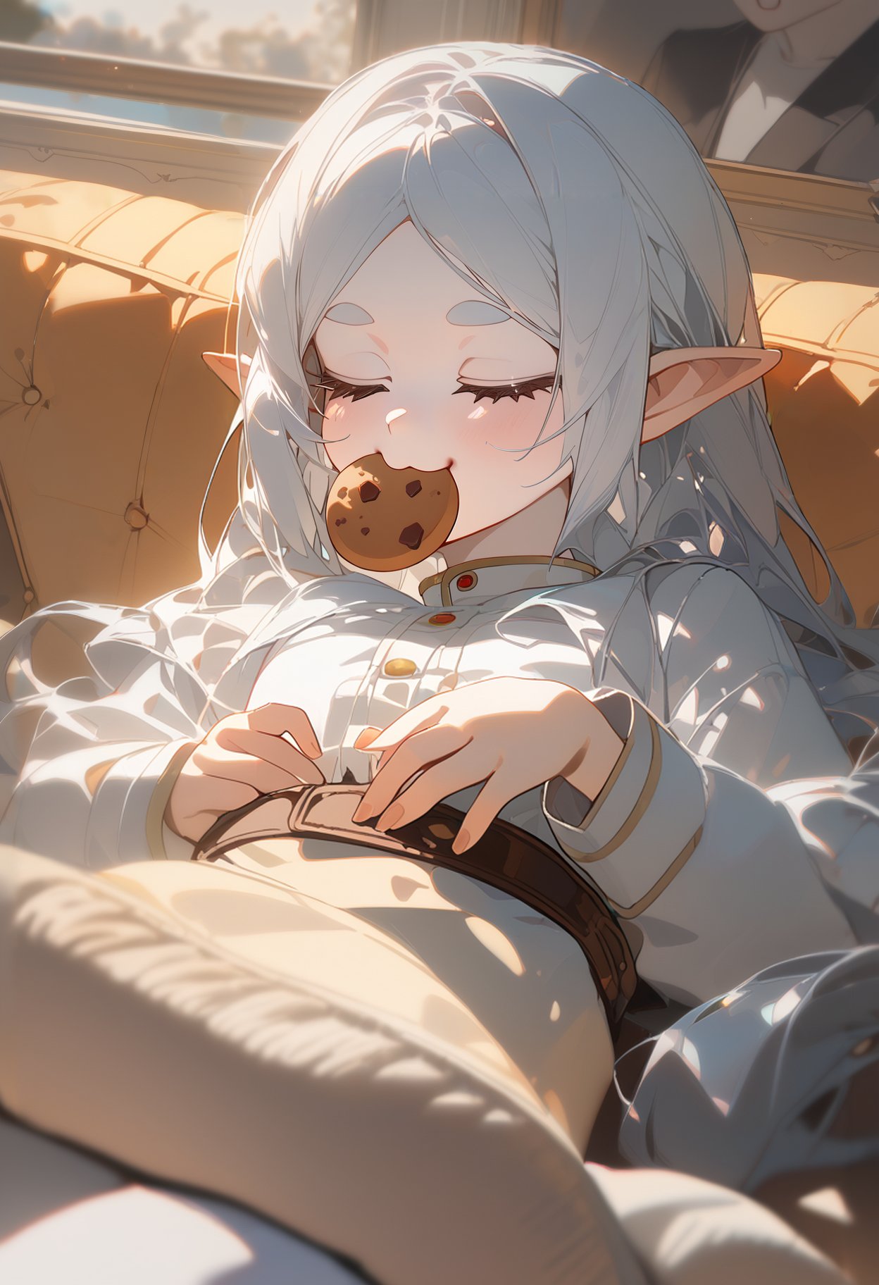 ach_ciloranko-artist, (chromatic aberration:1.3),1girl, frieren, sousou no frieren, eating a chocolate chip cookie,couch, on couch,very long hair, pointy ears, happy, = =, o3o, :3, closed eyes, highly detailed,close-up,masterpiece, best quality, newest, absurdres, 8k, Ultra HD, real, photorealism <lora:Lora_ciloranko-artist-v1:1>