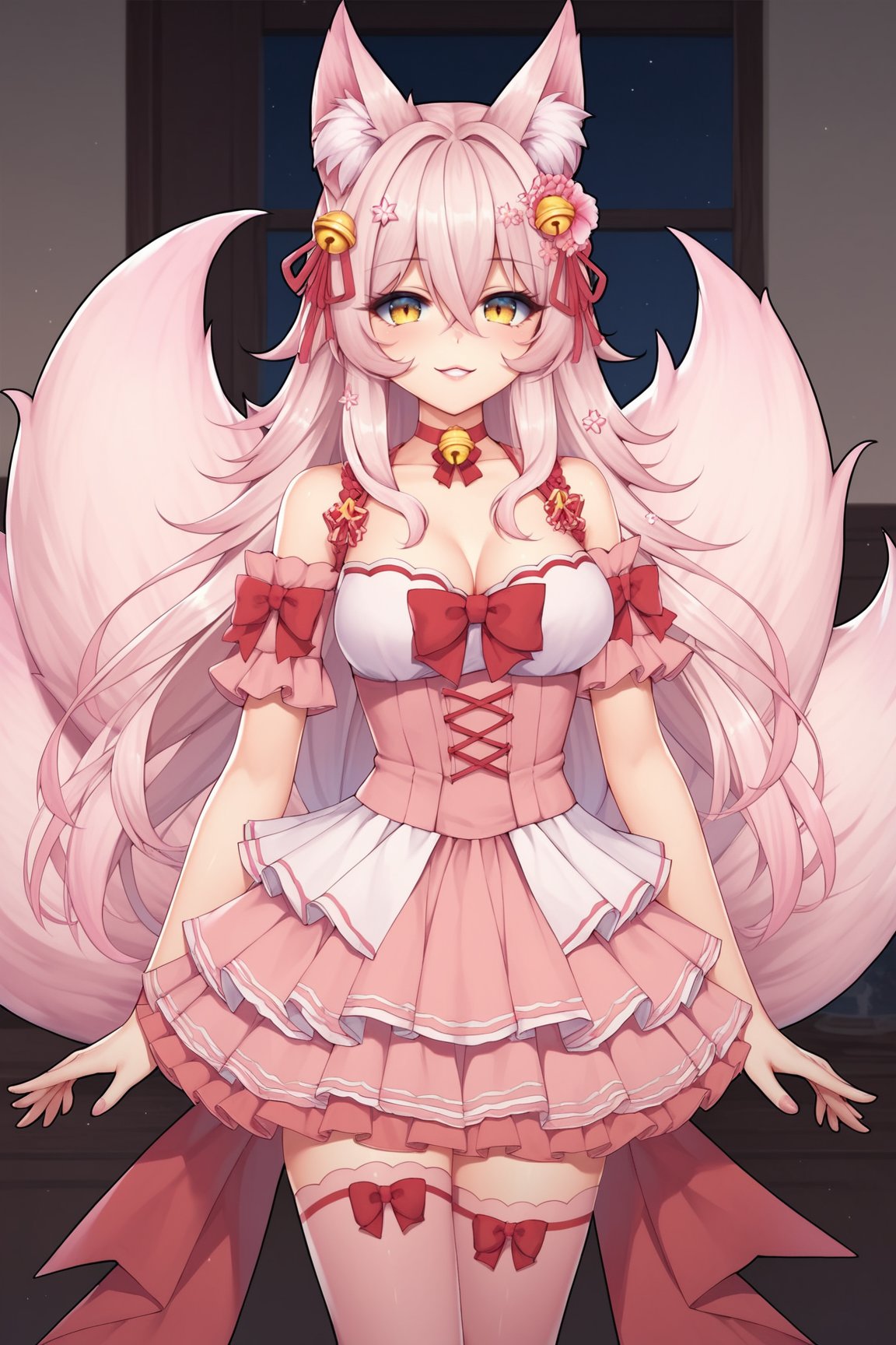 score_9, score_8_up, score_7_up, score_6_up, score_5_up, score_4_up, KitsunnyStarVTXL, animal ears, animal ear fluff, yellow eyes, pink hair, long hair, sidelocks, hair between eyes, hair ornament, hair flower, hair bell, red choker bell, fox tail, multiple tails, medium breasts, bare shoulders, cleavage, pink dress, red ribbon, pink skirt, frills, pink thighighs, solo, standing, dynamic pose, seductive smile, looking at viewer, indoors  <lora:KitsunnyStarVTXL:0.8>