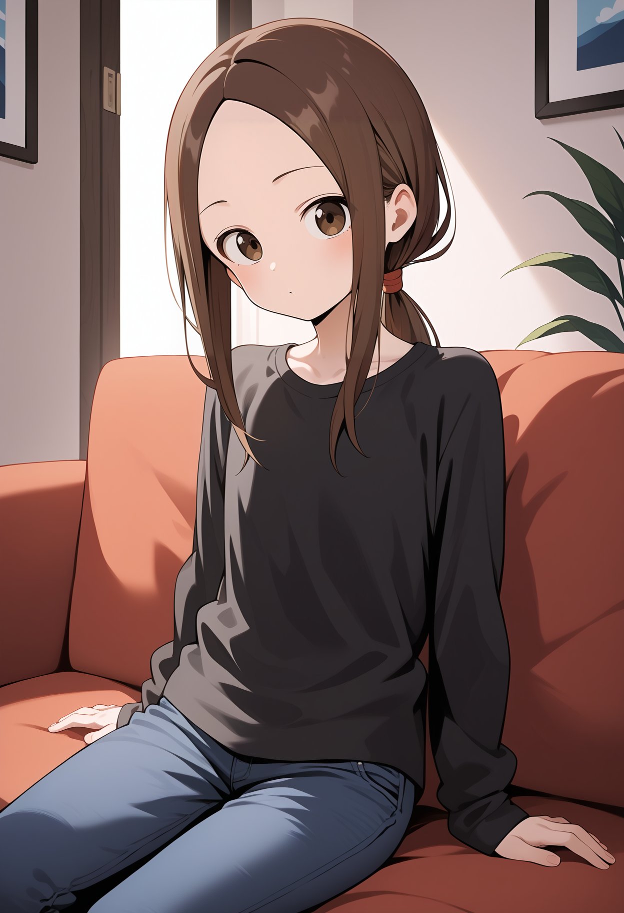 score_9, score_8_up, score_7_up, score_6_up, score_5_up, score_4_up, source_anime, aatakagi, solo, aged up, long hair, brown hair, low ponytail, parted bangs, black shirt, long long sleeves, jeans, pants, <lora:takagi-san_ponyxl_v1:0.9>, indoors, sofa, sitting