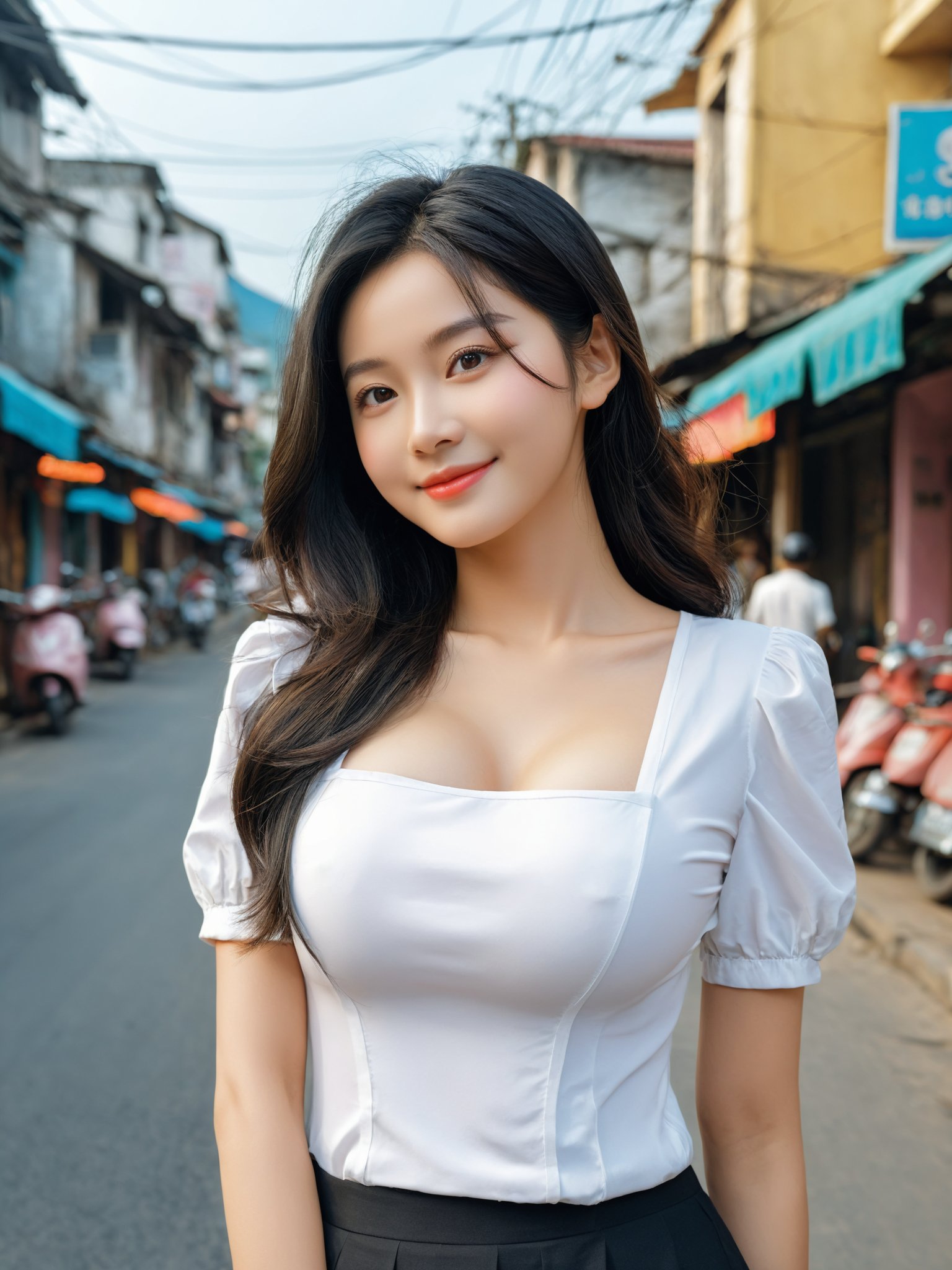 masterpiece, best quality, realistic, photo, real, incredibly_absurdres, Ultra HD, Affectionately looking at you, 8K, UHD, in the vietnamese city street, full body, salute, bust photo,The 20-year-old vietnamese girl, She has black hair, nurse shirt outfit, The lines of her face are soft and smooth. Her skin is as fair as snow, soft and delicate, and her eyes are bright and bright, deep and mysterious, making people feel endless charm and appeal. The eyebrows are slender and graceful, the nose is straight and noble, the lips are rosy and seductive, and the slightly raised angle reveals confidence and elegance. Her facial features are delicate and three-dimensional, with well-defined contours, like a fine painting or a finely carved work of art. The overall feeling is gentle, elegant, noble and full of charm, huge_filesize, bust, girl, kawaii, adorable girl, bishoujo, ojousama, idol, wavy hair, long hair, black hair, beautiful detailed eyes, looking at viewer, seductive smile, black eyes, large breasts, arms behind back