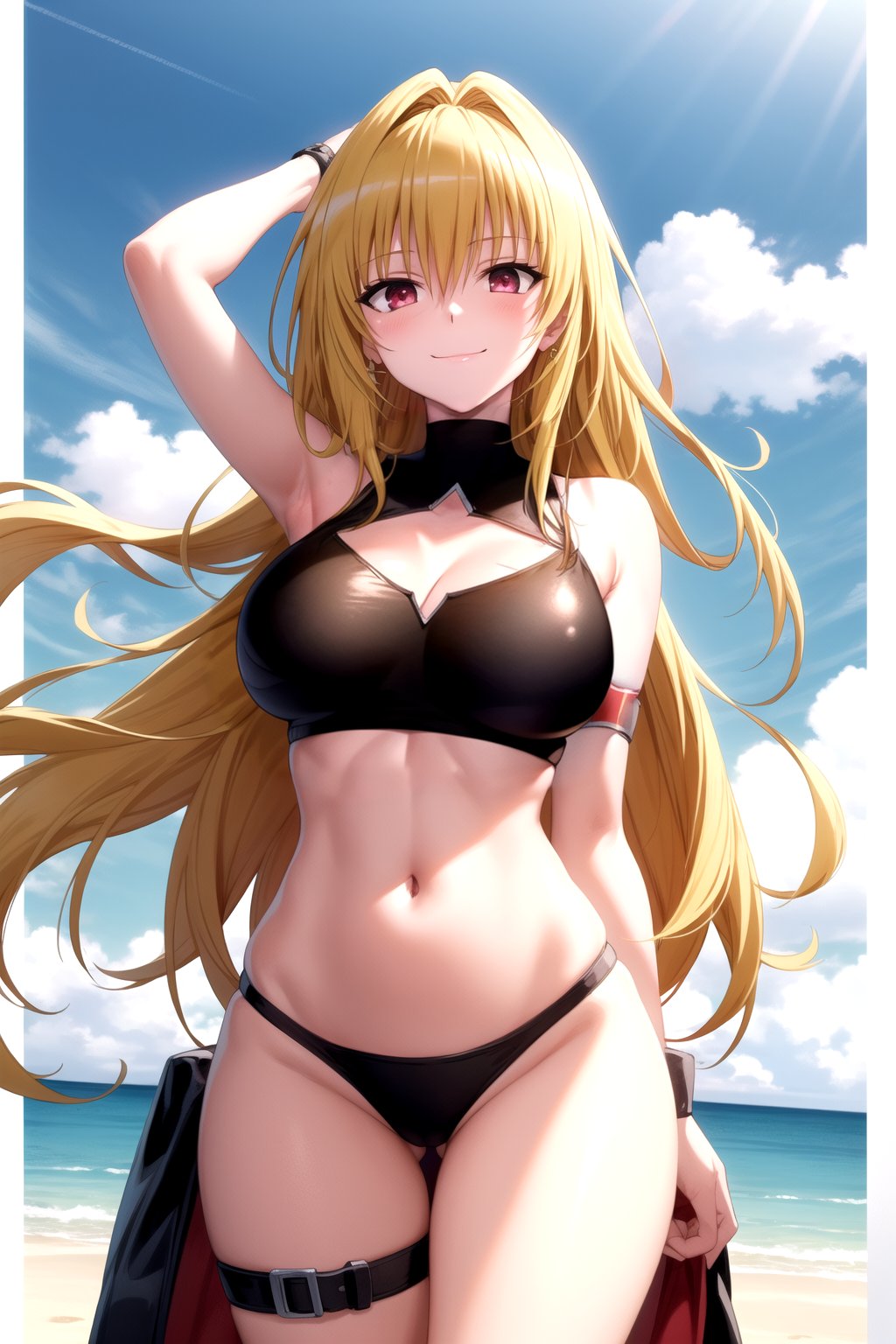 masterpiece, best quality, best aesthetic, (anime:1.2), yamibikini2, ultra detailed, 1girl, solo, (long hair, blonde hair:1.2), konjiki no yami, (large breasts:1.2), (black bikini:1.2), (sport bra, sport bra:1.2), (arm strap:1.2), cleavage cutout, (groin, navel:1.0), standing, gluteal fold, ass_visible_through_thighs, thigh gap, looking at the viewer, (smile, closed mouth:1.2), seducing, seductive, cowboy shot, outdoors, beach, (front view:1.2), arms_at_sides, arms_in_back,yamibikini1<lora:EMS-364789-EMS:0.900000>, <lora:EMS-179-EMS:0.200000>