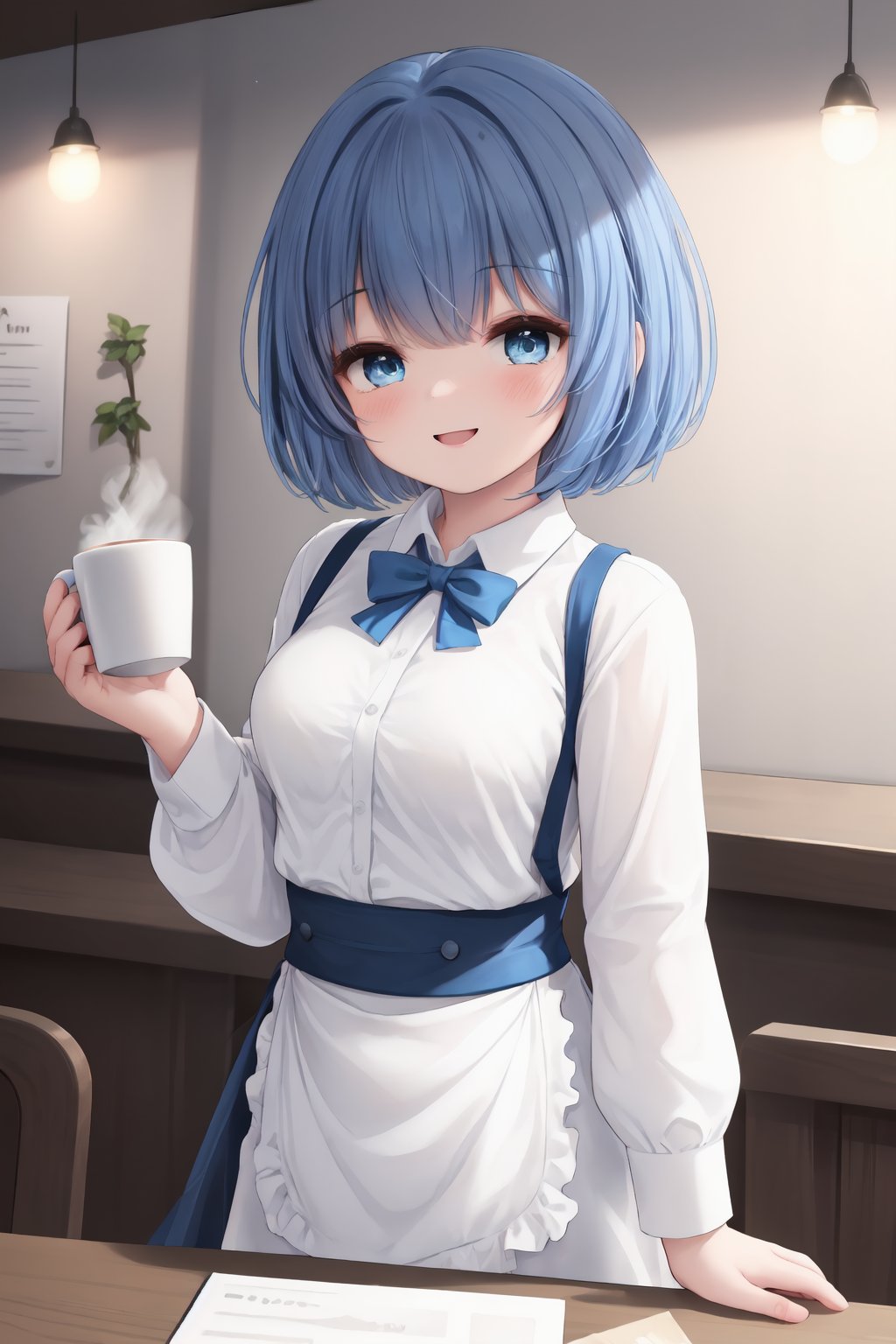 (1girl),smile,waitress,blouse,coffee shop,holding a menu,(blue hair:1.2), (blue eyes), (pixie cut:1.3), redhair ribbon,(ultra detailed perfect piece:1.2), illustration, masterpiece, (extremely detailed CG 8k), (very fine 8K CG)