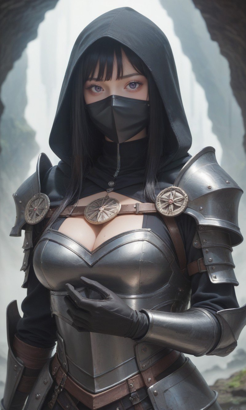 score_9, score_8_up, score_7_up, score_9, score_8_up, score_7_up, masterpiece,best quality, highly detailed, Best quality,masterpiece,ultra high res, 1girl, big breasts, dark hair, emblem on chest, (full pitch black armor:1.2), (black full gloves:1.2), (fully clothed:1.2), masked face, hood, cave, secret hideout, lit by torches, relaxed pose, looking at viewer, upper body, glavakolhoza_nightingale, <lora:glavakolhoza_nightingale:0.6>, 