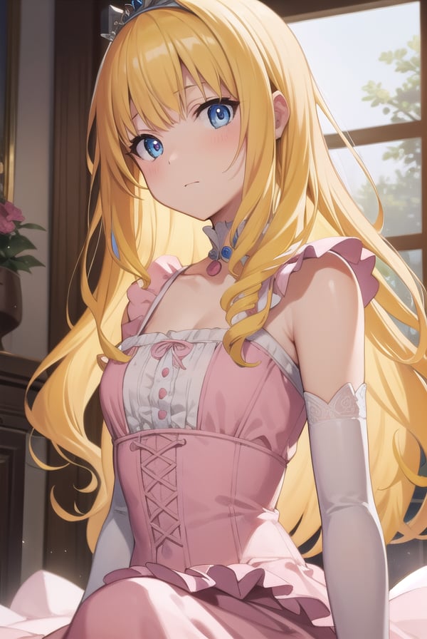 latifafleuranza, <lyco:latifafleuranza-lyco-nochekaiser:1>,latifa fleuranza, (yellow hair:1.5), blue eyes, long hair, (flat chest:1.2),BREAK diadem, tiara, elbow gloves, gloves, white gloves, dress, frilled dress, long skirt, frilled skirt, corset, (pink dress:1.5),BREAK looking at viewer, full body,BREAK indoors,BREAK <lyco:GoodHands-beta2:1>, (masterpiece:1.2), best quality, high resolution, unity 8k wallpaper, (illustration:0.8), (beautiful detailed eyes:1.6), extremely detailed face, perfect lighting, extremely detailed CG, (perfect hands, perfect anatomy),