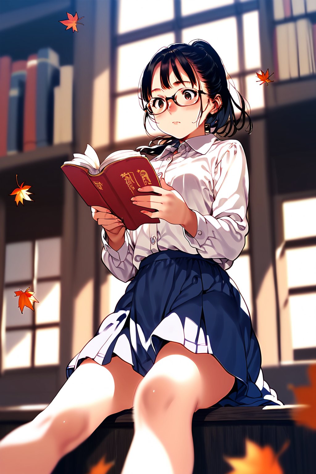 score_9, score_8_up, score_7_up, score_6_up, score_5_up, score_4_up, source_anime, ((cowboy shot)), tokiyama sui, 1girl, solo, ponytail, from below,glasses,blush,dress_shirt,blue skirt,looking down, open book,beautiful_detailed_eyes, on_floor, library,open window,wind,leaf,autumn leaves,reading book, ((sitting)),masterpiece, perfect face, best quality, beautiful girl, blurry background, cute girl, beautiful eyes, shiny eyes, perfect body, <lora:tokiyama sui anime pony 726:1>