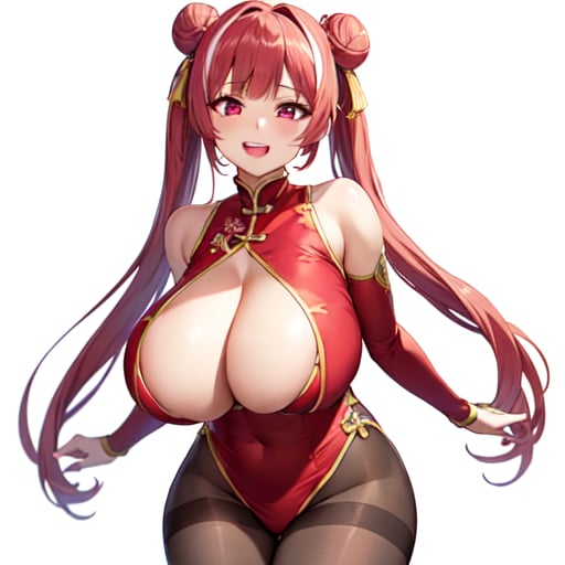 1girl, solo, original, chinese clothes, red dress, brown bodysuit, brown pantyhose, cleavage, cleavage cutout, bare shoulders, detached sleeves, red eyes, pink eyes, streaked hair, long hair, twintails, cone hair bun, huge breasts, curvy, thick thighs, bouncing breasts, seductive smile, naughty face, lewd, sexy, hot, glamorous, blunt bangs, standing, cleft of venus, white background, simple background, anime screencap, anime coloring, key visual, studio anime, standing, 