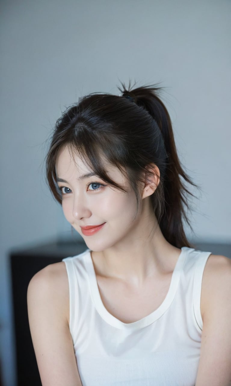 1girl, solo, black hair, ponytail, smile, realistic, lips, blue eyes, long hair, tank top, closed mouth, upper body, shirt, looking at viewer, blurry, bare shoulders, collarbone, black eyes, traditional media, white shirt, watermark, head tilt, portrait, nose, blurry background, looking to the side, sleeveless