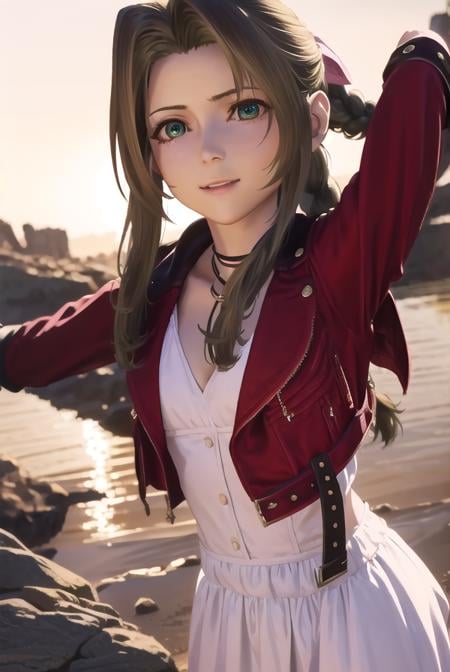 aerithgainsborough, <lora:aerith gainsborough ingame pruned-lora-nochekaiser:1>,aerith gainsborough, long hair, brown hair, bow, ribbon, (green eyes:1.3), hair ribbon, pink bow, braid, braided ponytail, single braid, smile,BREAK dress, jewelry, jacket, bracelet, red jacket, cropped jacket, white dress,BREAK outdoors,BREAK looking at viewer, dynamic pose,BREAK <lyco:GoodHands-beta2:1>, (masterpiece:1.2), best quality, high resolution, unity 8k wallpaper, (illustration:0.8), (beautiful detailed eyes:1.6), extremely detailed face, perfect lighting, extremely detailed CG, (perfect hands, perfect anatomy),