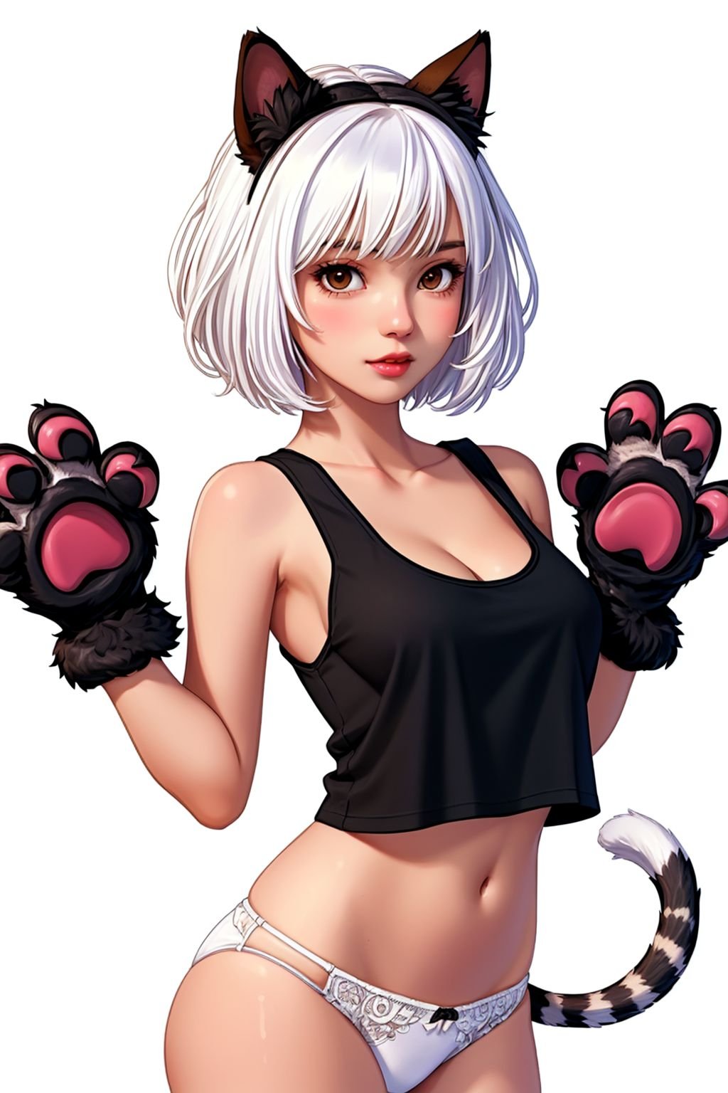 (masterpiece, best quality), intricate details,1girl, cute, solo, monster girl, animal ears, white hair, short hair, brown eyes, tail, medium breasts, navel, white panties, black fur, (animal hands:1.2), tank top, cleavage