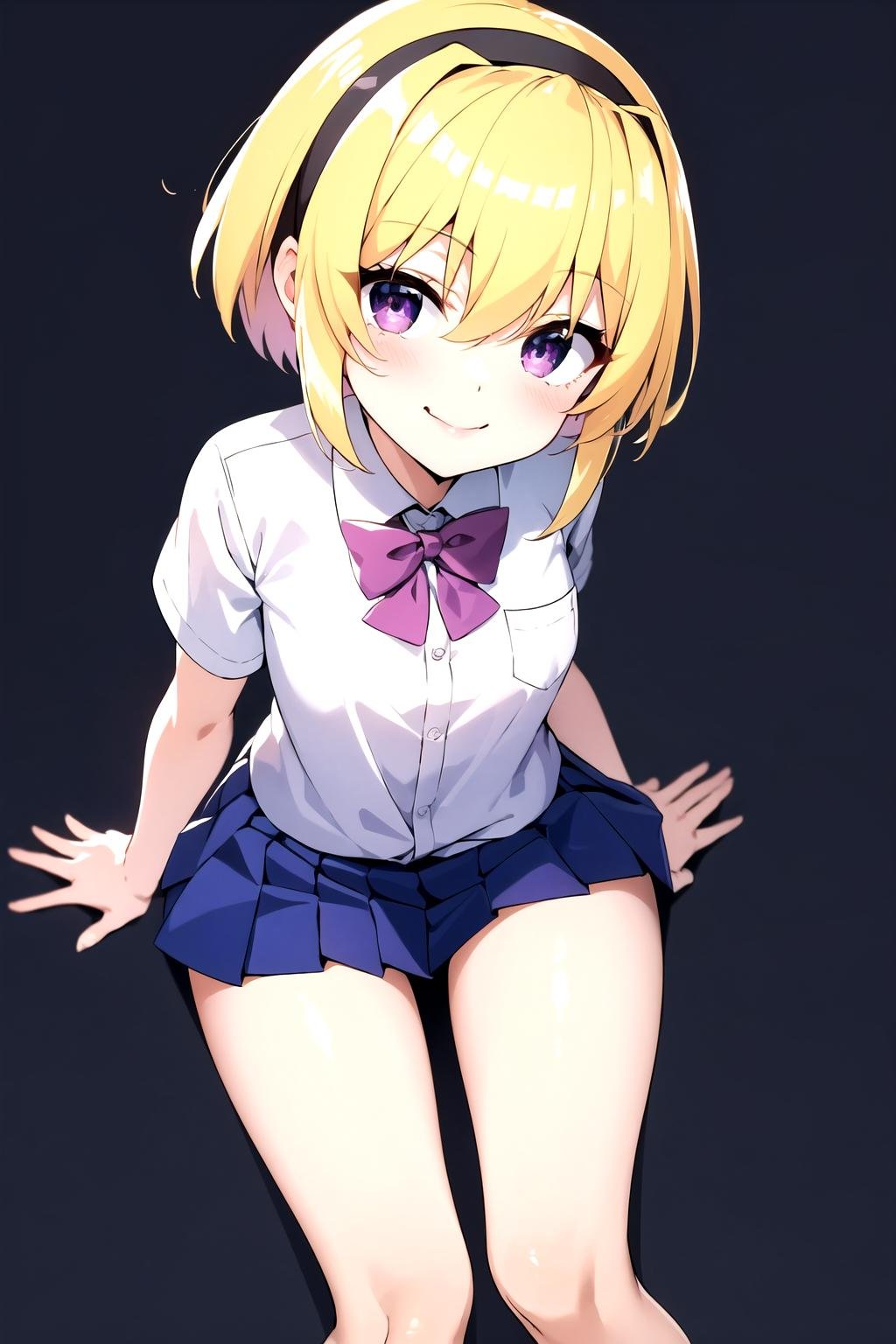 <lora:Satoko Houjou anylora15r-000006:0.7>, 1girl, houjou satoko, solo, blonde hair, hairband, skirt, black hairband, purple eyes, shirt, looking at viewer, white shirt, school uniform, smile, short hair, pleated skirt, short sleeves, simple background, bow, sitting, bangs, collared shirt, closed mouth, hair between eyes