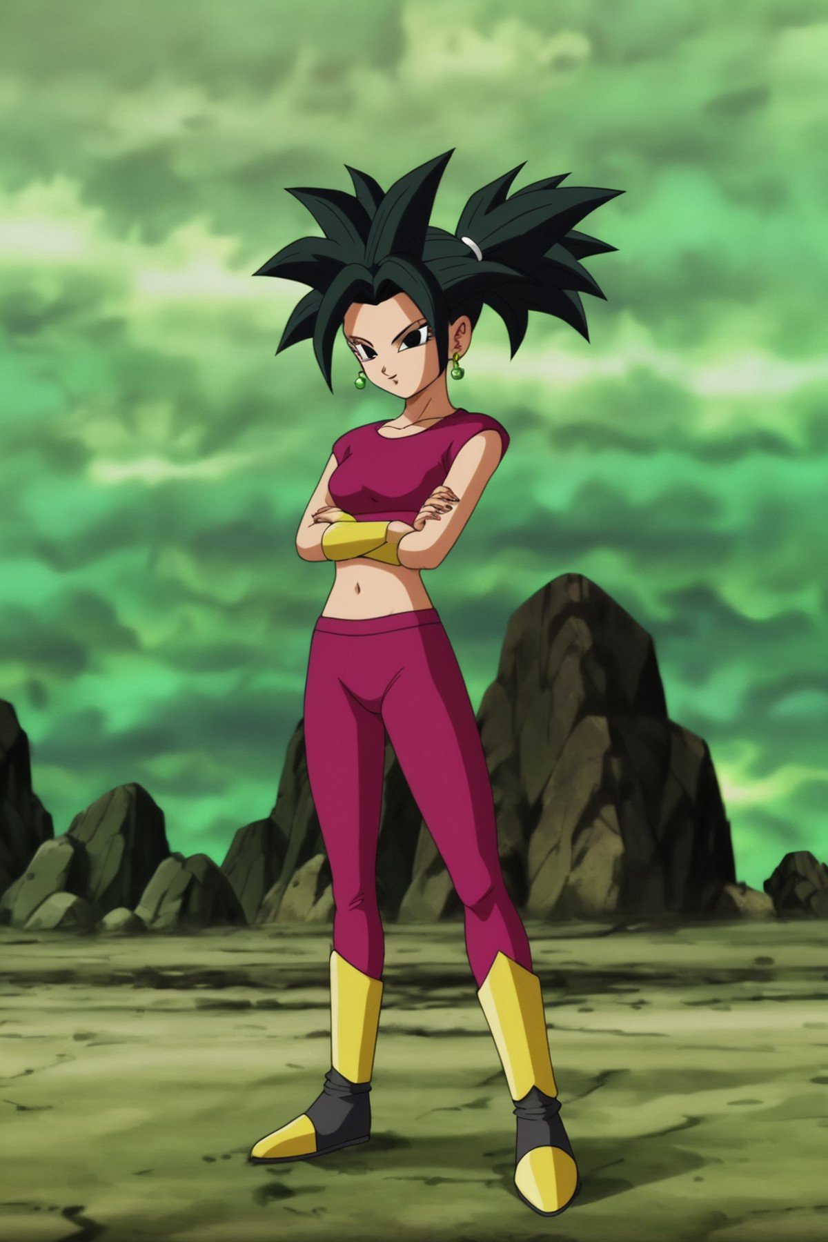 source_anime, score_9, score_8_up, score_7_up, anime screencap,kefladb, 1girl, solo, looking at viewer, red crop top, black hair, navel, potara earrings, standing, full body, bracer, yellow armwear, collarbone, midriff, tight pants, red tight pants, black eyes, crop top, crossed arms, ponytail, white scrunchie, spiked hair, toned, boots, yellow footwear, fingernails, rock, green sky, dark cloud, mountain, serious, small breasts, no pupils, short sleeves <lora:kefla_pony_v1:0.8>