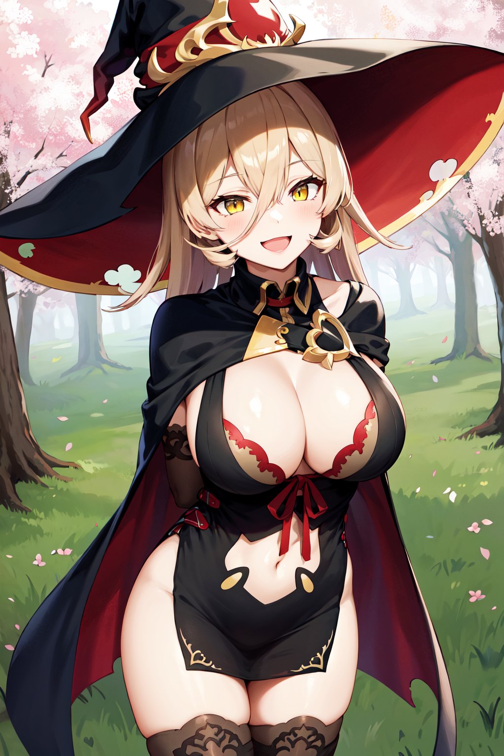 masterpiece, best quality, highres, aanui, long hair, blonde hair, hair between eyes, yellow eyes, witch hat, black headwear, cape, cleavage, bra, clothing cutout, black dress, navel cutout, elbow gloves, black gloves, black thighhighs, thigh boots, <lora:nui_sociere_v1:0.7>, smile, open mouth, leaning forward, arms behind back, standing, cowboy shot, outdoors, cherry blossoms,