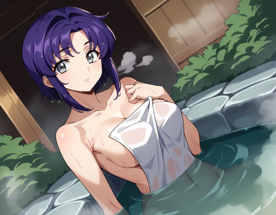 score_9, score_8_up, score_7_up, source_anime,cecilecroomy, <lora:cecile-croomy-s1-ponyxl-lora-nochekaiser:1>,cecile croomy, short hair, grey eyes, purple hair,nude, naked, outdoors, onsen, towel, naked towel, steam, bathing, nude cover, partially submerged, water, bath, steam censor, wet towel,looking at viewer, dutch angle, cowboy shot, solo,