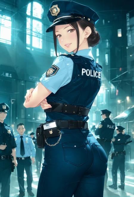 masterpiece, best quality, score_9, score_8_up, score_7_up, best quapoty, highres, absurdres, source_anime, 1girl, hd5, ama mitsuki, <lora:ama_mitsuki_pony_v2.0_27b:0.8>, policewoman costume, Standing with arms crossed and a confident smile., looking back