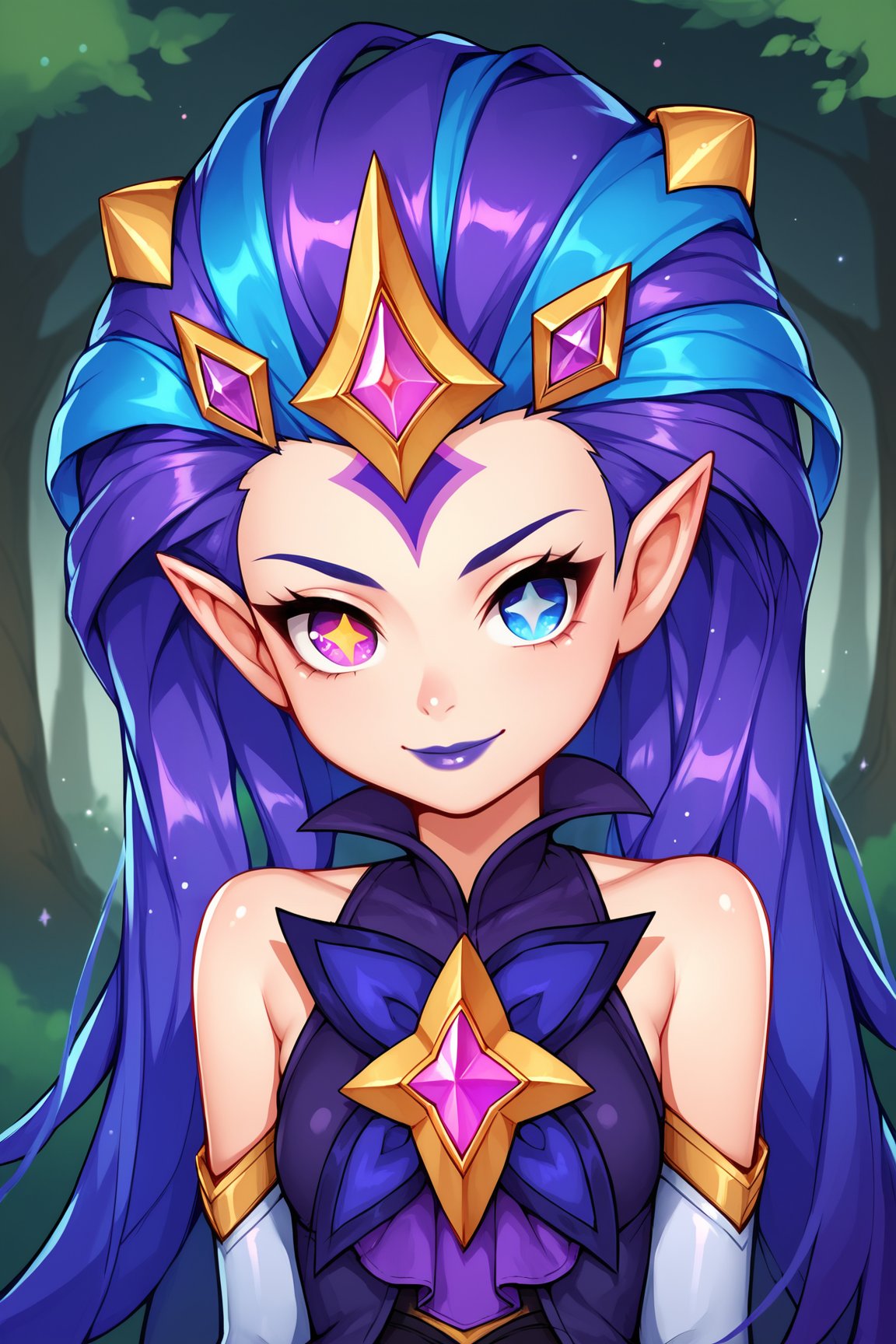 score_9, score_8_up, score_7_up, score_6_up, score_5_up, score_4_up, BREAK, ZoeSGXL, star guardian (league of legends), purple lips, purple eyes, (blue eye), heterochromia, star-shaped pupils, purple hair, blue hair, multicolored hair, long hair, gold star forehead, hair ornament, pointy ears, small breasts, bare shoulders, star (symbol), purple dress, purple elbow gloves, solo, front view, (portrait, upper body), solo focus, seductive smile, looking at viewer, forest, tree <lora:ZoeSGXL:0.8>