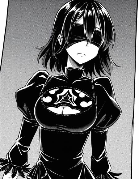 score_9, score_8_up, score_7_up, source_anime, sakiyoshida, <lora:saki-yoshida-manga-ponyxl-lora-nochekaiser:1>, saki yoshida, long hair, hair between eyes, monochrome, greyscale, black hair,, <lora:2b-cosplay-ponyxl-lora-nochekaiser:1>, 2bcosplay, 2b \(nier\:automata\) \(cosplay\), gloves, long sleeves, dress, puffy sleeves, black dress, clothing cutout, cleavage cutout, juliet sleeves, feather-trimmed sleeves, blindfold, black blindfold, covered eyes,, wasteland,, cowboy shot, dutch angle,