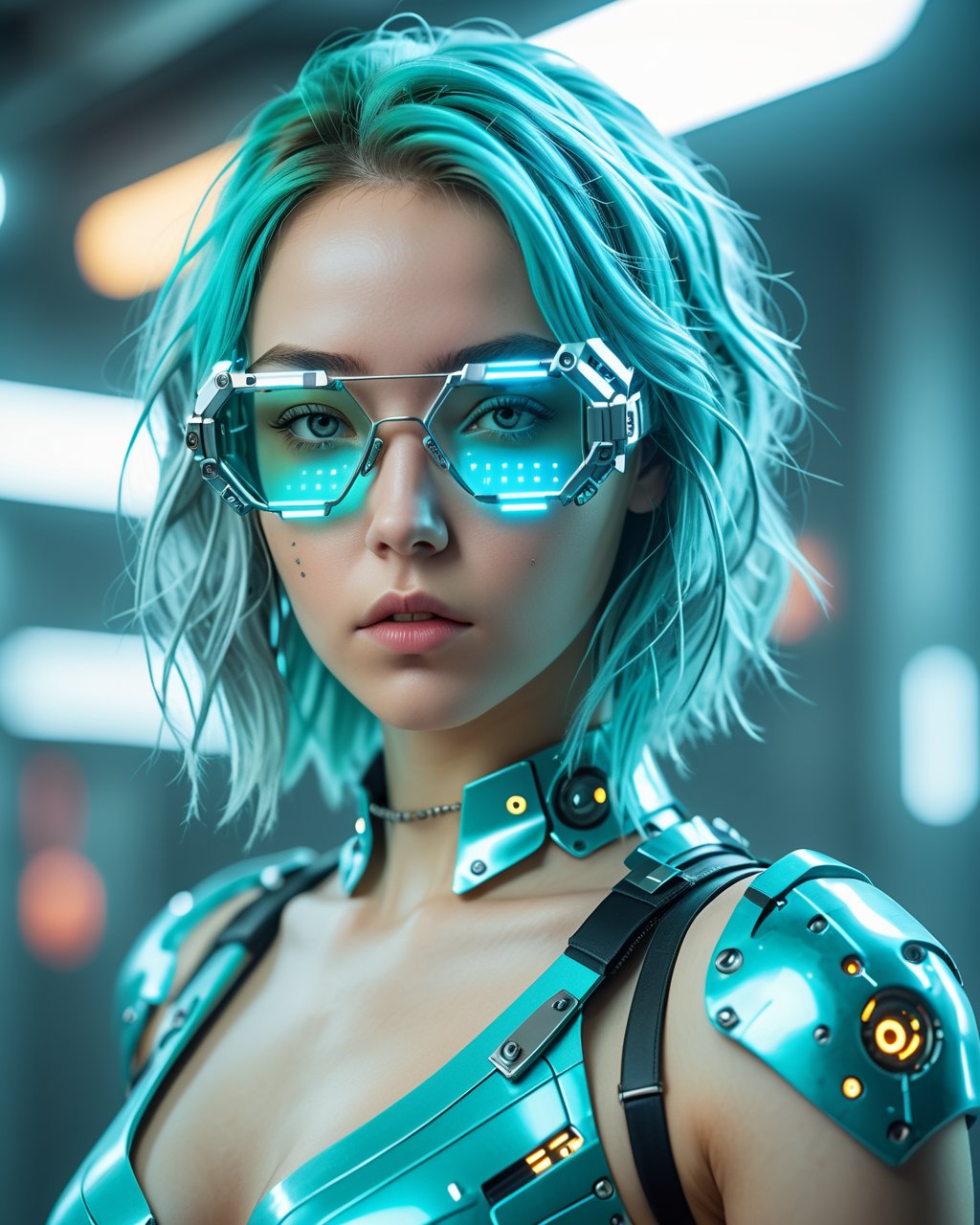 A beautiful young woman is wearing metal for the futurist, cyberpunk, futuristic technology, and girls holding weapons in dazzling colors, wearing science fiction glasses, in the style of yuumei, light turquoise and light silver, waist shot, 8k resolution, joong keun lee, tanya shatseva, light acade