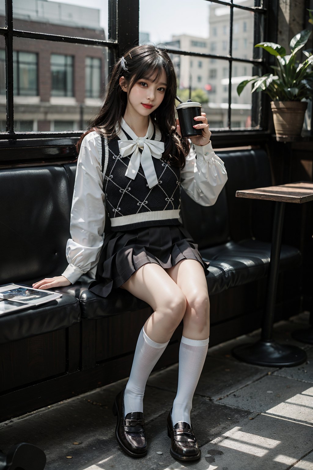 best quality, quality, masterpiece, photorealistic, sitting, 1girl, solo, full body, slime girl, dating attire, socks, black shoes, cafe, coffee, depth of field, depth of field, window, detailed background, <lora:dating_attire_style1_v1:0.75>