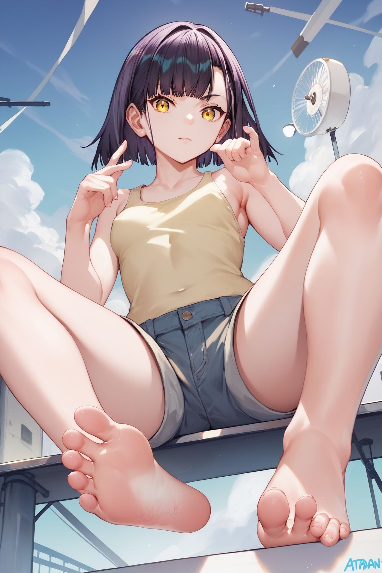 score_9, score_8_up, score_7_up, 1girl, looking at viewer, foot focus, foreshortening, soles, bare legs, spread legs, finger counting, sexual ecstasy, dark purple hair, heavy fringe, yellow eyes, small breasts, light brown tank top, bright, airfield, from below <lora:atdan_PonyXL_style_v01:1>