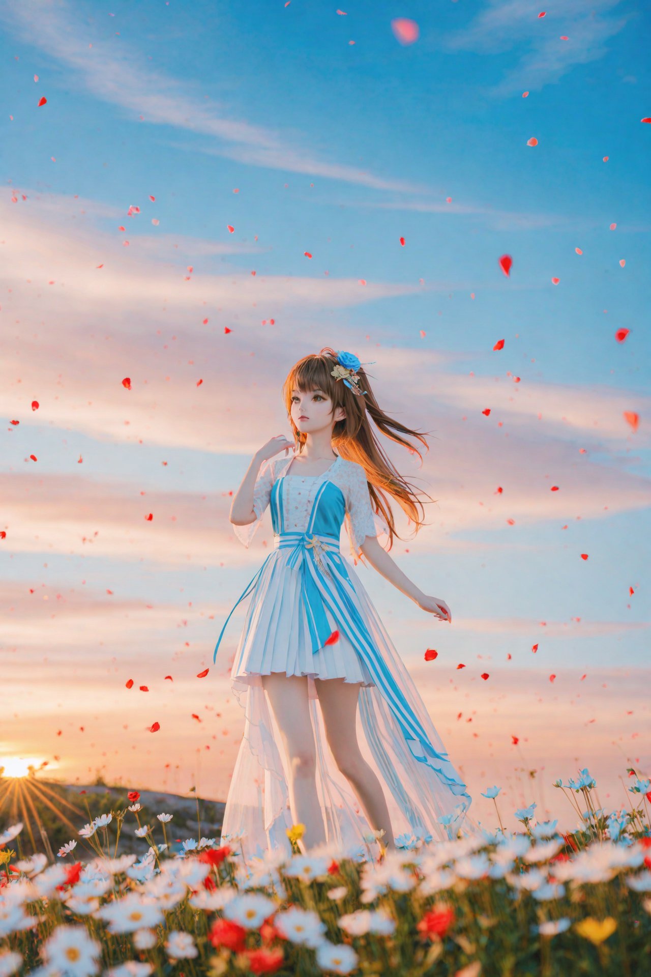 masterpiece,best quality,illustration,ultra detailed,hdr,Depth of field,(colorful),best quality,mmd Style,1girl,Ling Yuan Yousa (Virtual Idol),solo,brown_hair,long_hair,flower,brown_eyes,hair_ornament,dress,sky,outdoors,petals,