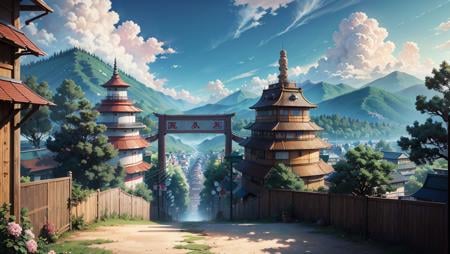 konohavillage konoha gate walls, ramen resto, cable, tree, mountain, flower, at dawn, zebra cross, cloudy sky, cloud, pastel color, <lora:ARWKonohaVillage:1>