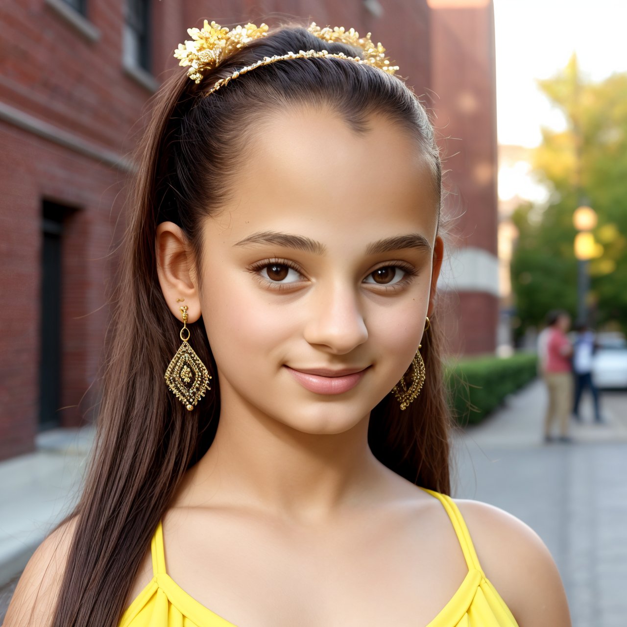 SFW, (masterpiece:1.3), best quality, extra resolution, wallpaper, close up portrait of beautiful (AIDA_LoRA_SabiC:1.18) <lora:AIDA_LoRA_SabiC:0.79> in a yellow dress and with a golden earrings standing next to the brick wall, leaning on wall, outdoors, sunlight, building, on the street, young teen girl, naughty, funny, happy, playful, intimate, flirting with camera, cinematic, insane level of details, intricate pattern, getty images