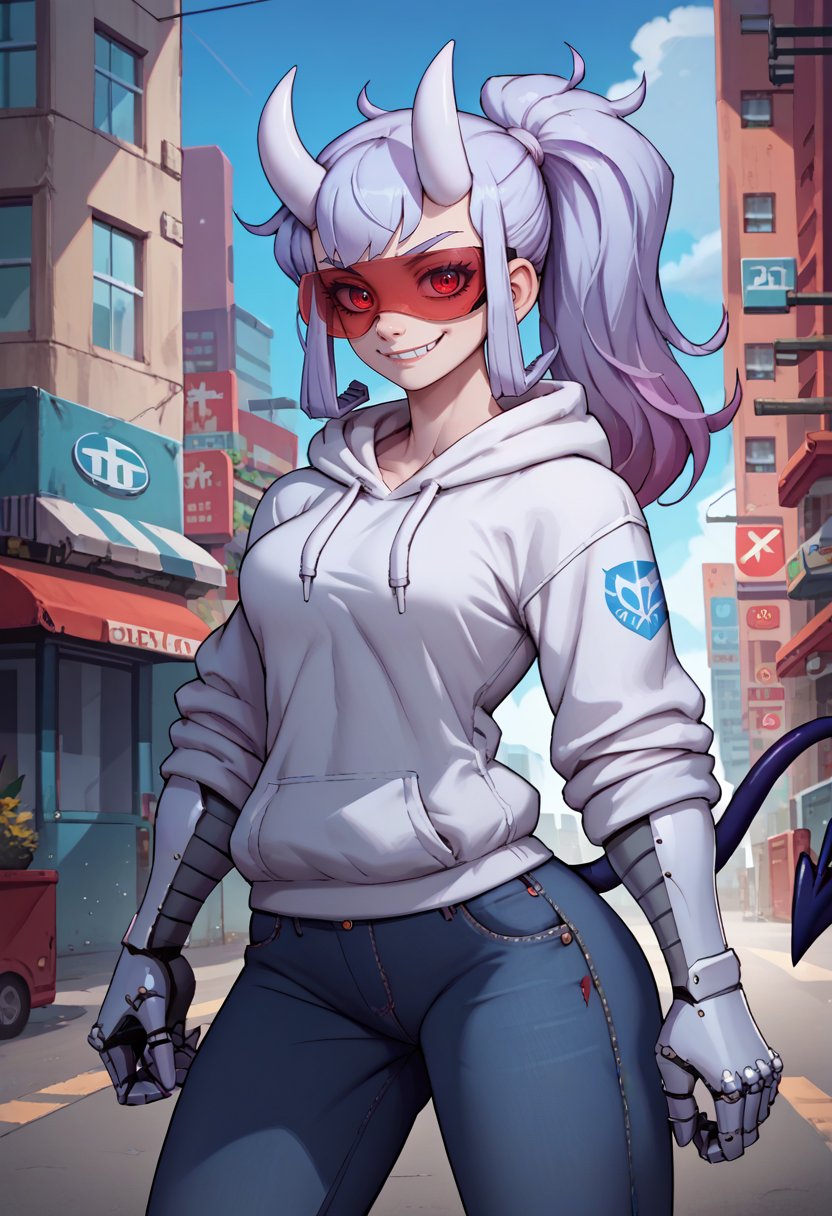 score_9, score_8_up, score_7_up, source_anime, solo, 1girl, htloremaster, mechanical arms, smirk, looking at viewer, standing, ponytail, white horns, demon horns, goggles, white hoodie, jeans, demon tail, outdoors, city street <lora:helltaker_loremaster_ponyXL:1>