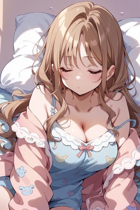 score_9, score_8_up, score_7_up, score_6_up, 1girl,<lora:Tendo_HayateV2:0.9> hayate, long hair, brown hair, breasts, pajamas, cleavage, camisole, collarbone, bangs, sleepy, sleep,