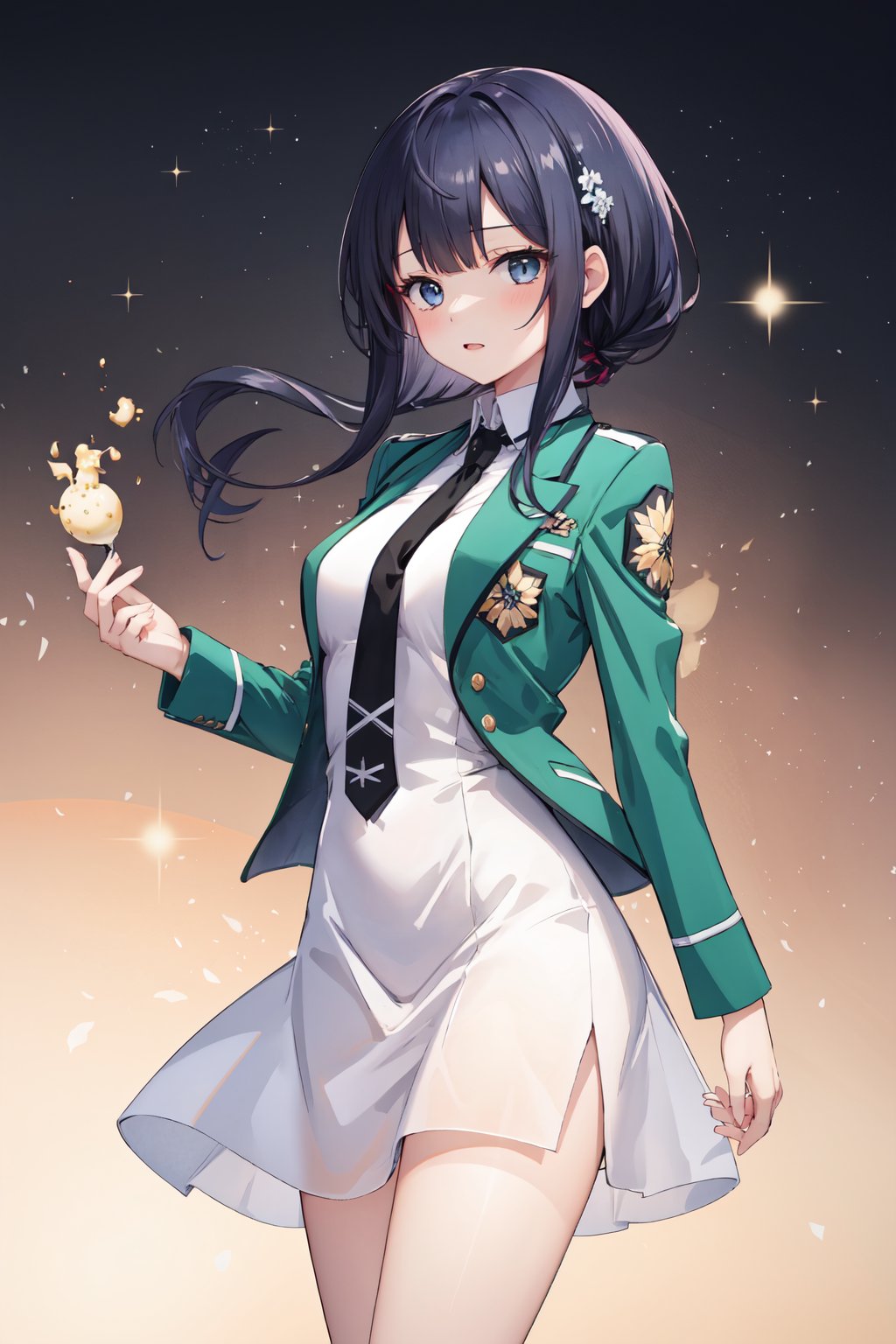 <lora:細節-繁雑度:0.5>,masterpiece,best quality,highres,ultra-detailed,1girl,standing,magic_high_school_uniform,white dress,jacket,green jacket,black necktie,<lora:Testing_magic_high_school_uniform-58:0.5>,