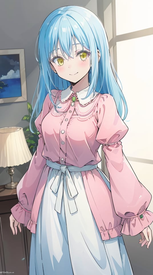 (masterpiece, best quality), ray tracing, absurdres,1girl,rimuru clothes, rimuru tempest,medium breasts,light blue hair, long hair, closed mouth, yellow eyes, , bangs, hair between eyes, solo,   puffy sleeves,pink shirt, two-tone dress,grey dress, jewelry,,,looking at viewer,blush,smile,  <lora:rimuru clothes_step20:0.7>