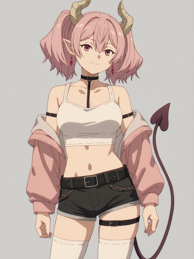 score_9, score_8_up, score_7_up, score_6_up, score_5_up,1girl, solo, breasts, tail, pink_hair, horns, demon_tail, shorts, jacket, twintails, large_breasts, smile, looking_at_viewer, long_hair, navel, choker, black_background, pink_eyes, short_shorts, belt, demon_girl, pink_jacket, demon_horns, simple_background, tank_top, open_jacket, cleavage, black_shorts, open_clothes, thighhighs, off_shoulder, bare_shoulders, closed_mouth, head_tilt, hair_between_eyes, cowboy_shot, jewelry, micro_shorts, collarbone, black_choker, white_thighhighs, crop_top, bangs, earrings, clothes_writing, shirt, midriff, standing, see-through, contrapposto, long_sleeves <lora:Frieren_Beyond_Journeys_End:1>